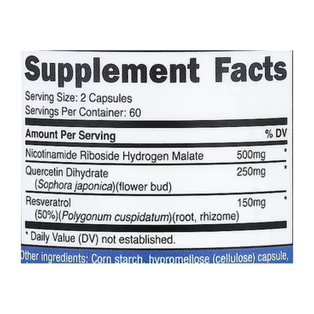 Nutricost, Nicotinamide Riboside + Resveratrol, 120 Capsules supplement facts label showing ingredients, vitamins, minerals, and serving information