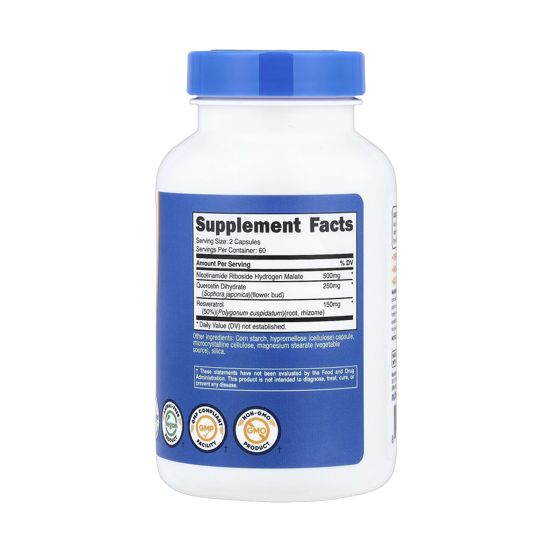 Nutricost, Nicotinamide Riboside + Resveratrol, 120 Capsules back packaging view