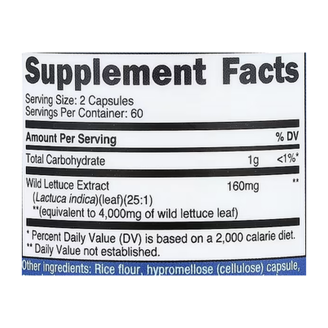 Nutricost, Wild Lettuce, 120 Capsules supplement facts label showing ingredients, vitamins, minerals, and serving information