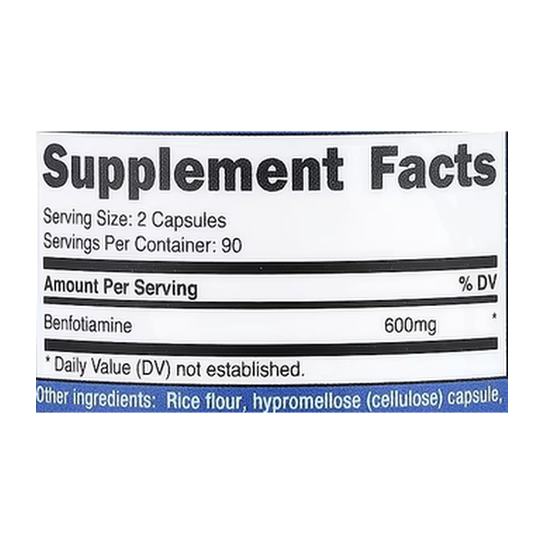 Nutricost, Benfotiamine, 180 Capsules supplement facts label showing ingredients, vitamins, minerals, and serving information