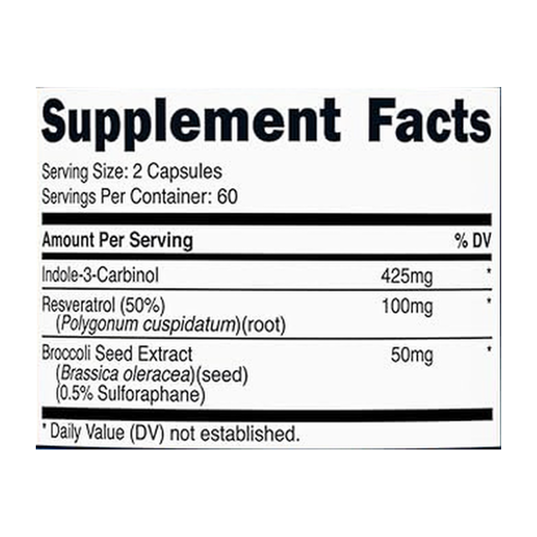 Nutricost, Indole-3-Carbinol, 425 mg, 120 Capsules supplement facts label showing ingredients, vitamins, minerals, and serving information