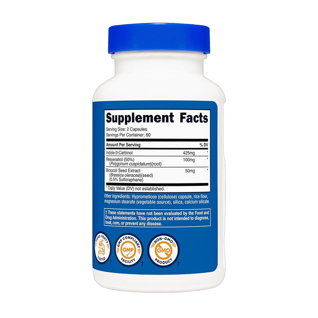 Nutricost, Indole-3-Carbinol, 425 mg, 120 Capsules back packaging view