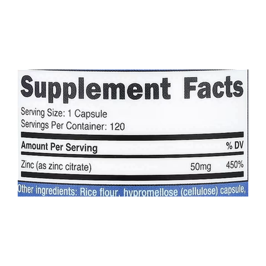 Nutricost, Zinc, 50 mg, 120 Capsules supplement facts label showing ingredients, vitamins, minerals, and serving information