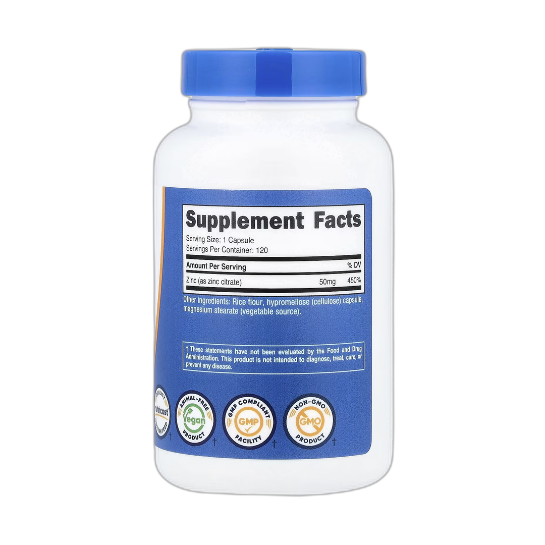 Nutricost, Zinc, 50 mg, 120 Capsules back packaging view