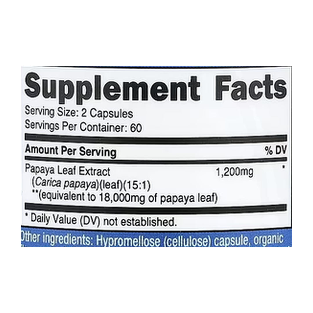 Nutricost, Papaya Leaf, 120 Capsules supplement facts label showing ingredients, vitamins, minerals, and serving information