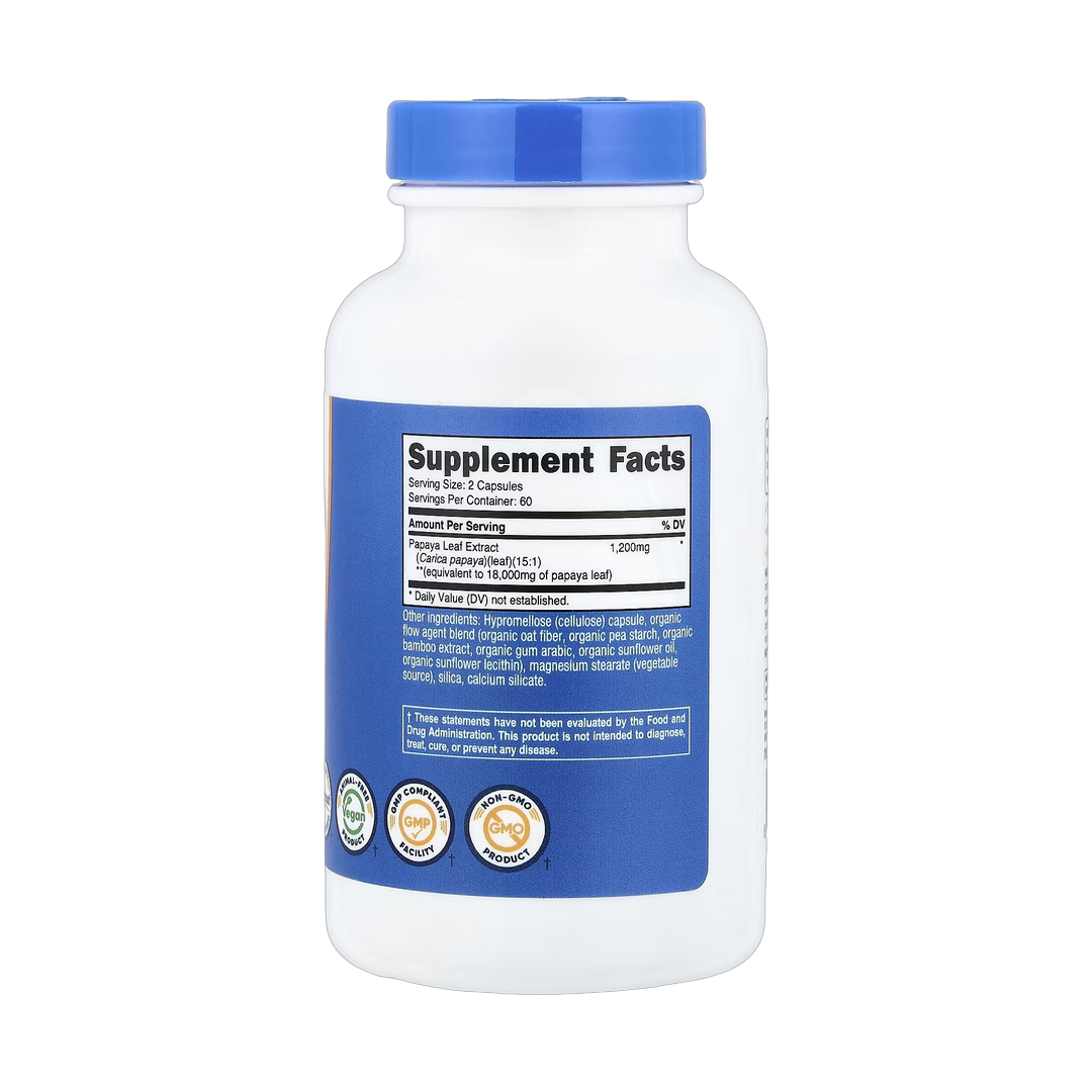 Nutricost, Papaya Leaf, 120 Capsules back packaging view