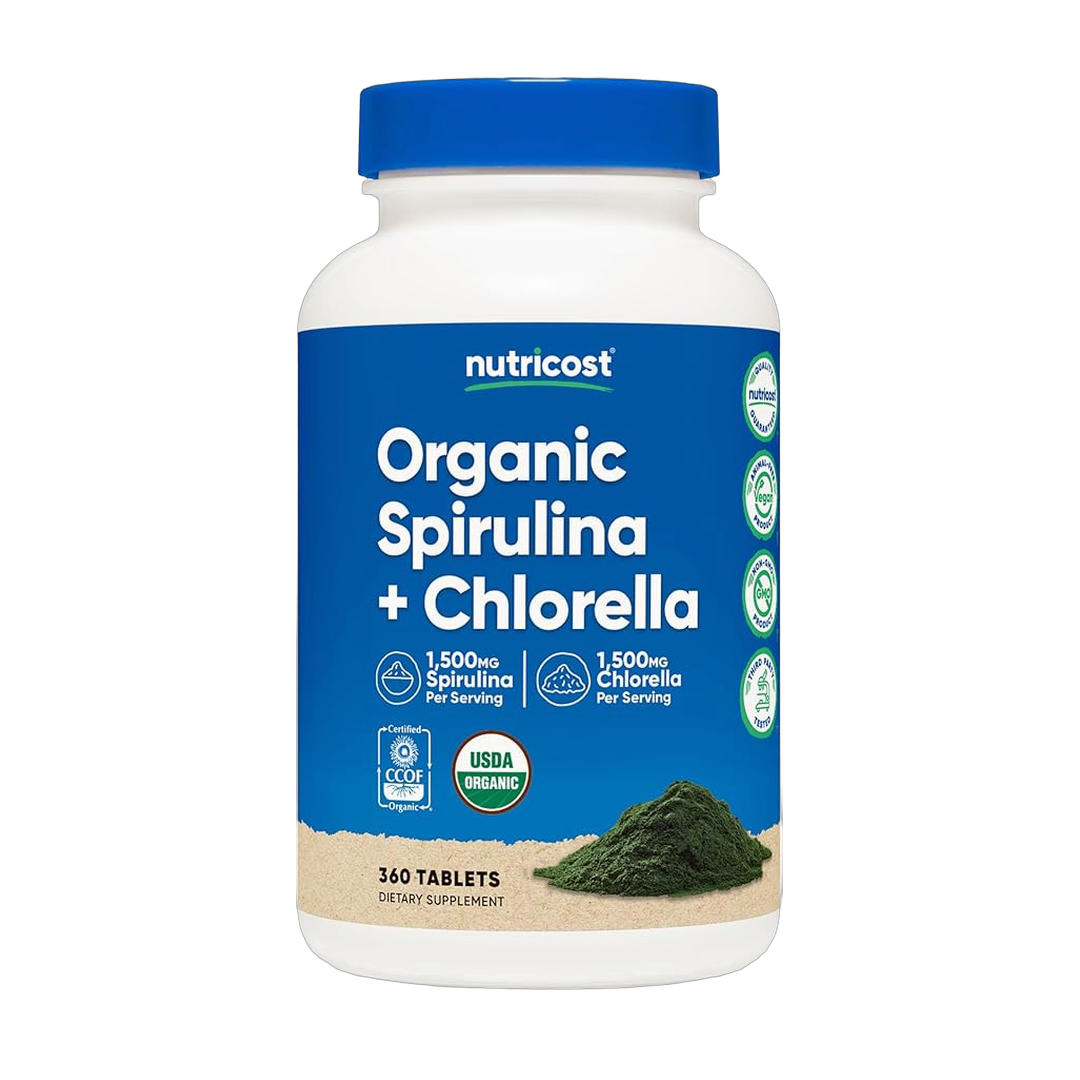 Nutricost, Organic Spirulina + Chlorella, 3,000 mg, 360 Tablets front packaging view