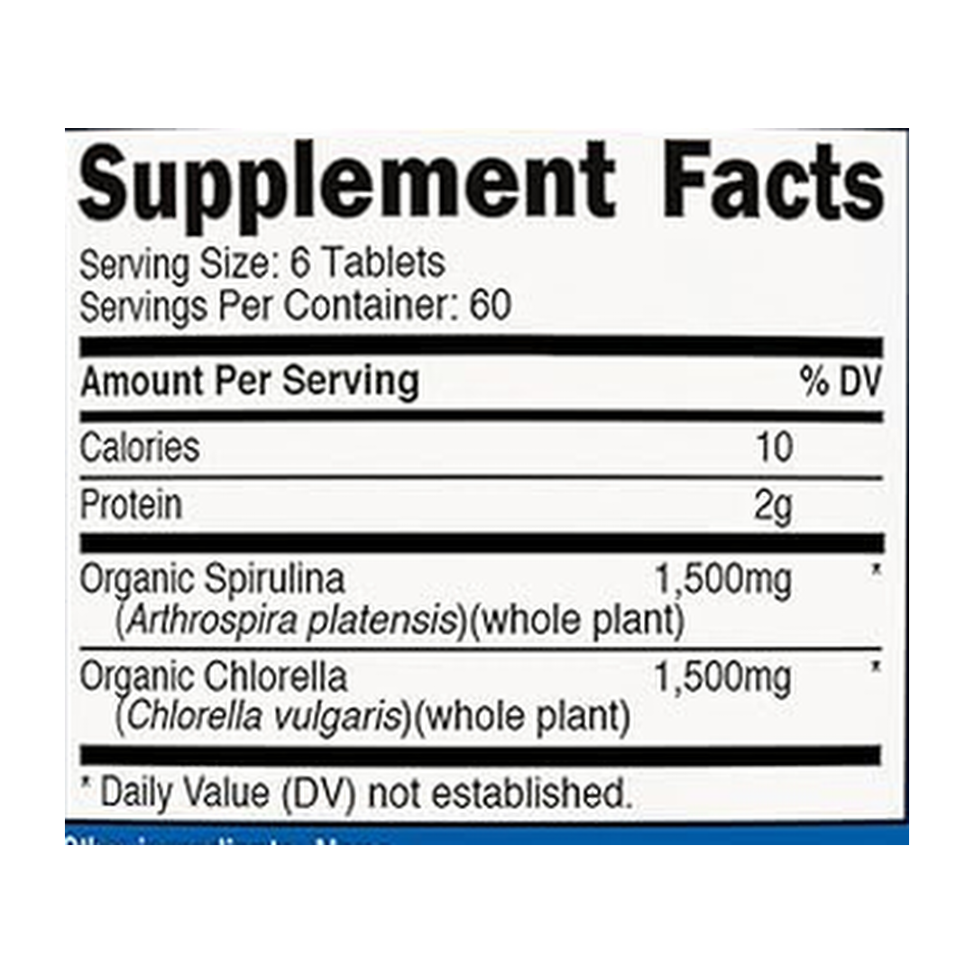 Nutricost, Organic Spirulina + Chlorella, 3,000 mg, 360 Tablets supplement facts label showing ingredients, vitamins, minerals, and serving information