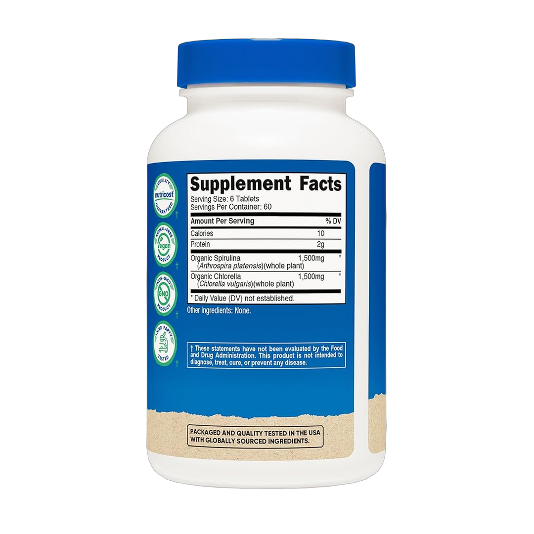 Nutricost, Organic Spirulina + Chlorella, 3,000 mg, 360 Tablets back packaging view