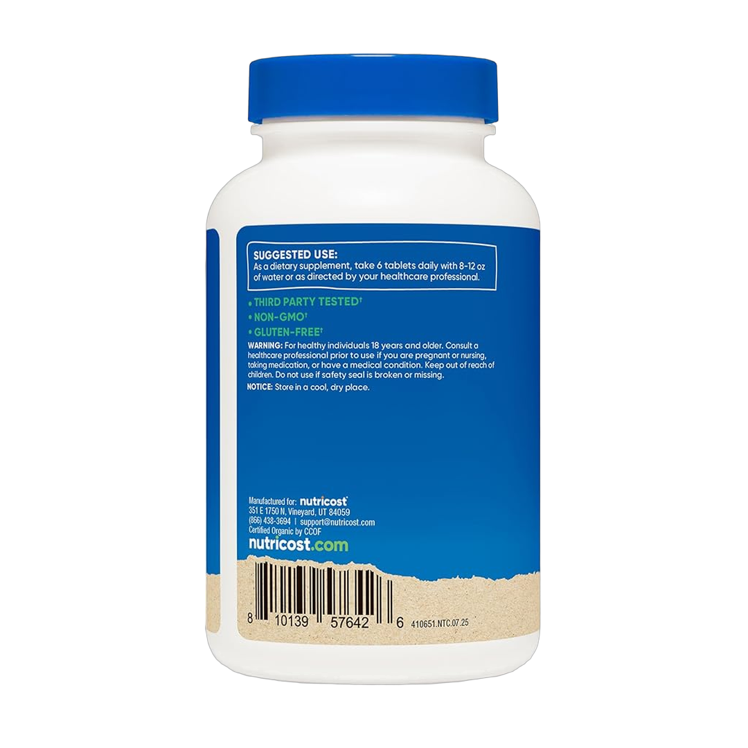 Nutricost, Organic Spirulina + Chlorella, 3,000 mg, 360 Tablets packaging side view