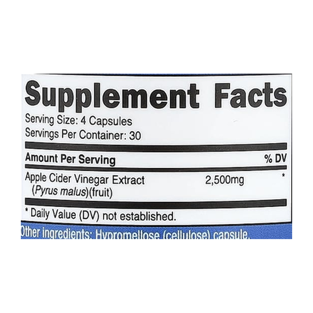 Nutricost, Apple Cider Vinegar, 120 Capsules supplement facts label showing ingredients, vitamins, minerals, and serving information