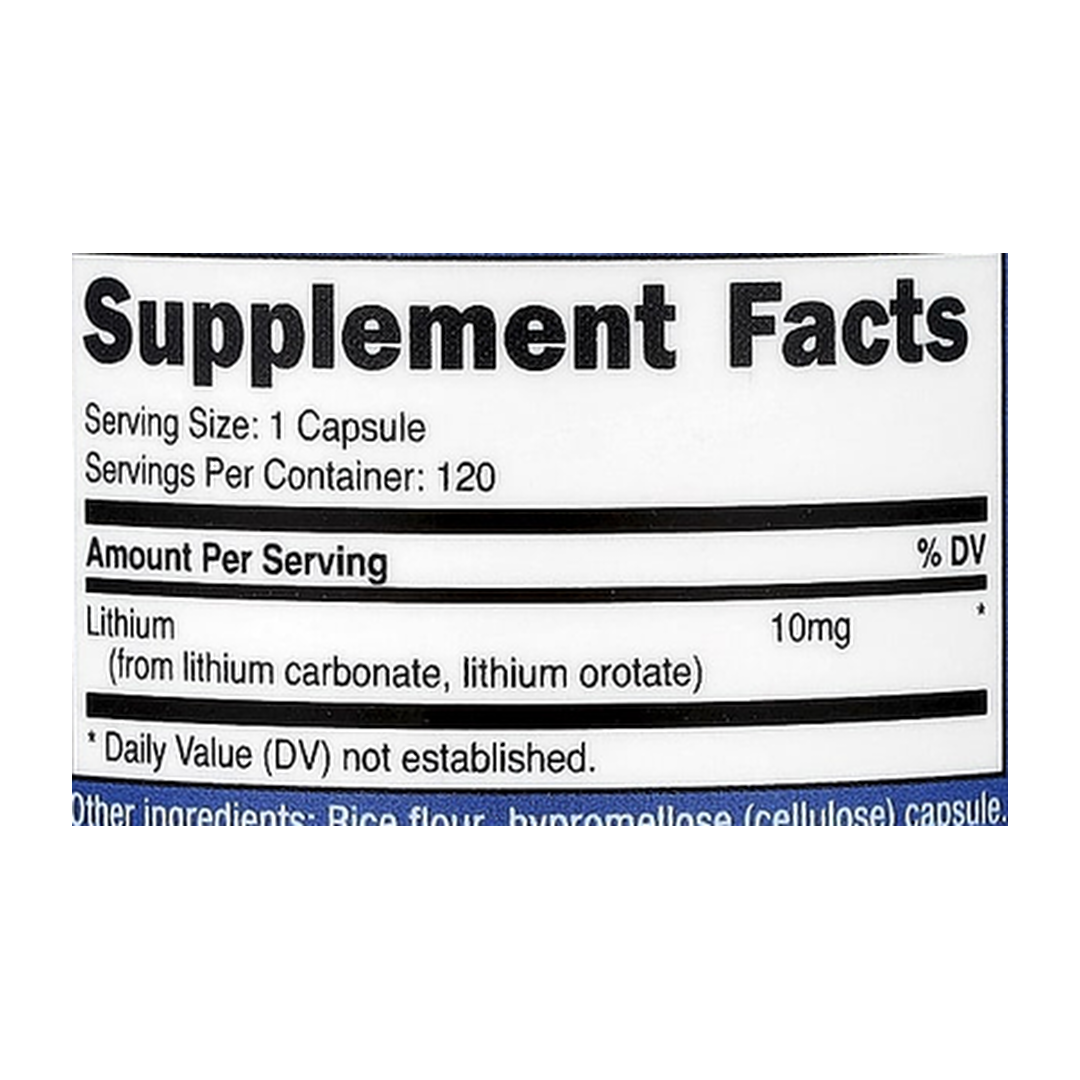 Nutricost, Lithium Orotate, 10 mg, 120 Capsules supplement facts label showing ingredients, vitamins, minerals, and serving information