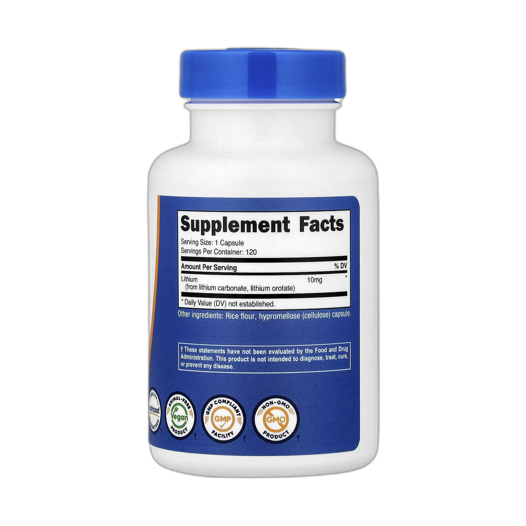 Nutricost, Lithium Orotate, 10 mg, 120 Capsules back packaging view