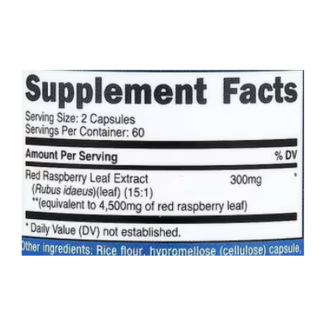 Nutricost, Red Raspberry Leaf, 120 Capsules supplement facts label showing ingredients, vitamins, minerals, and serving information