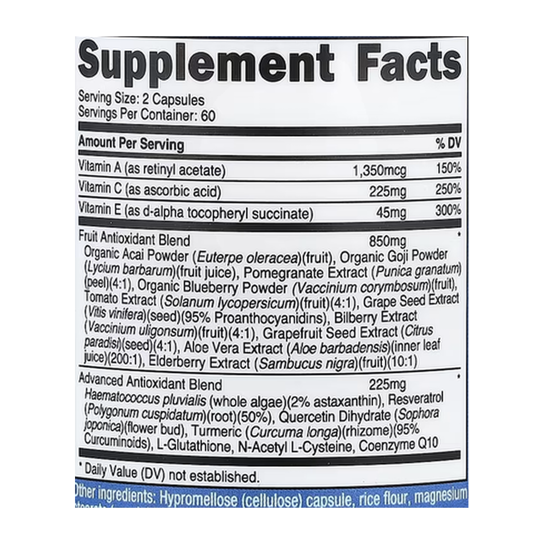 Nutricost, Super Antioxidants, 120 Capsules supplement facts label showing ingredients, vitamins, minerals, and serving information