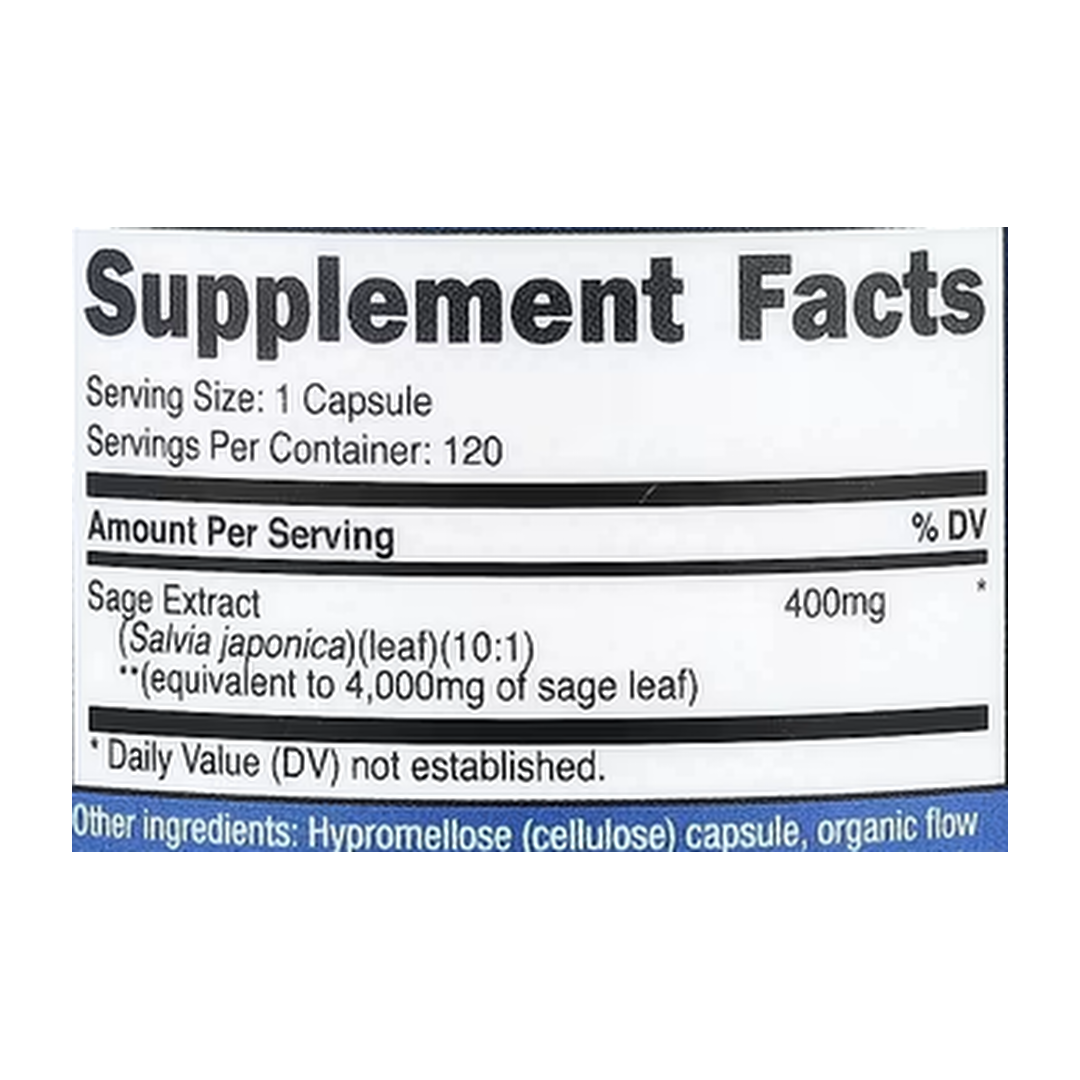 Nutricost, Sage, 120 Capsules supplement facts label showing ingredients, vitamins, minerals, and serving information