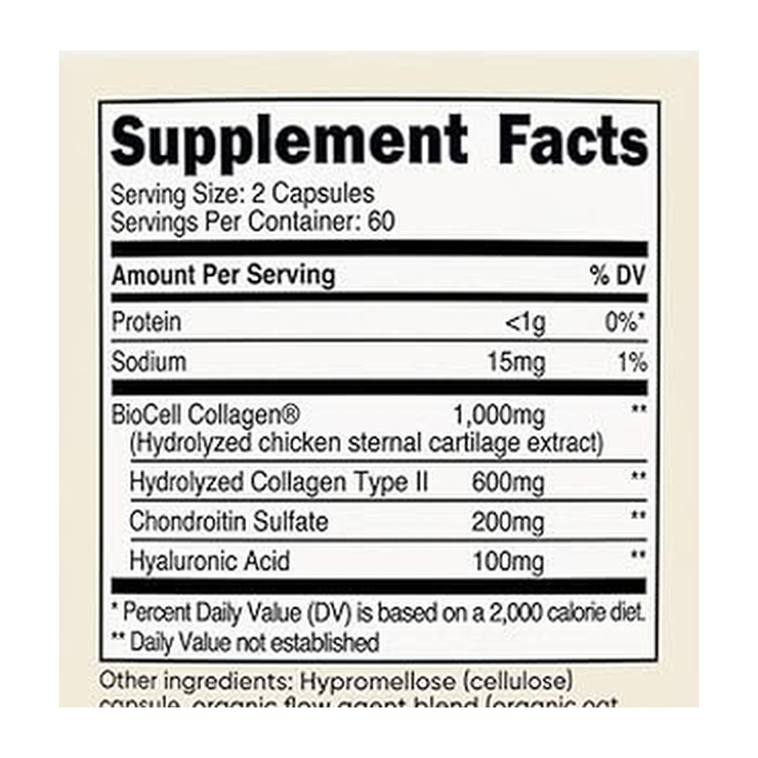 Nutricost, BioCell Collagen, 1,000mg, 120 Capsules supplement facts label showing ingredients, vitamins, minerals, and serving information