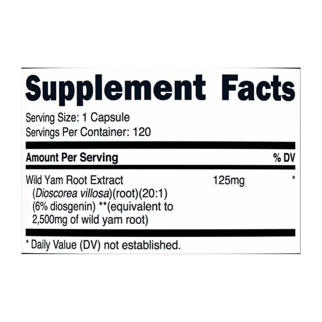 Nutricost, Wild Yam Root, 2,500 mg, 120 Capsules supplement facts label showing ingredients, vitamins, minerals, and serving information