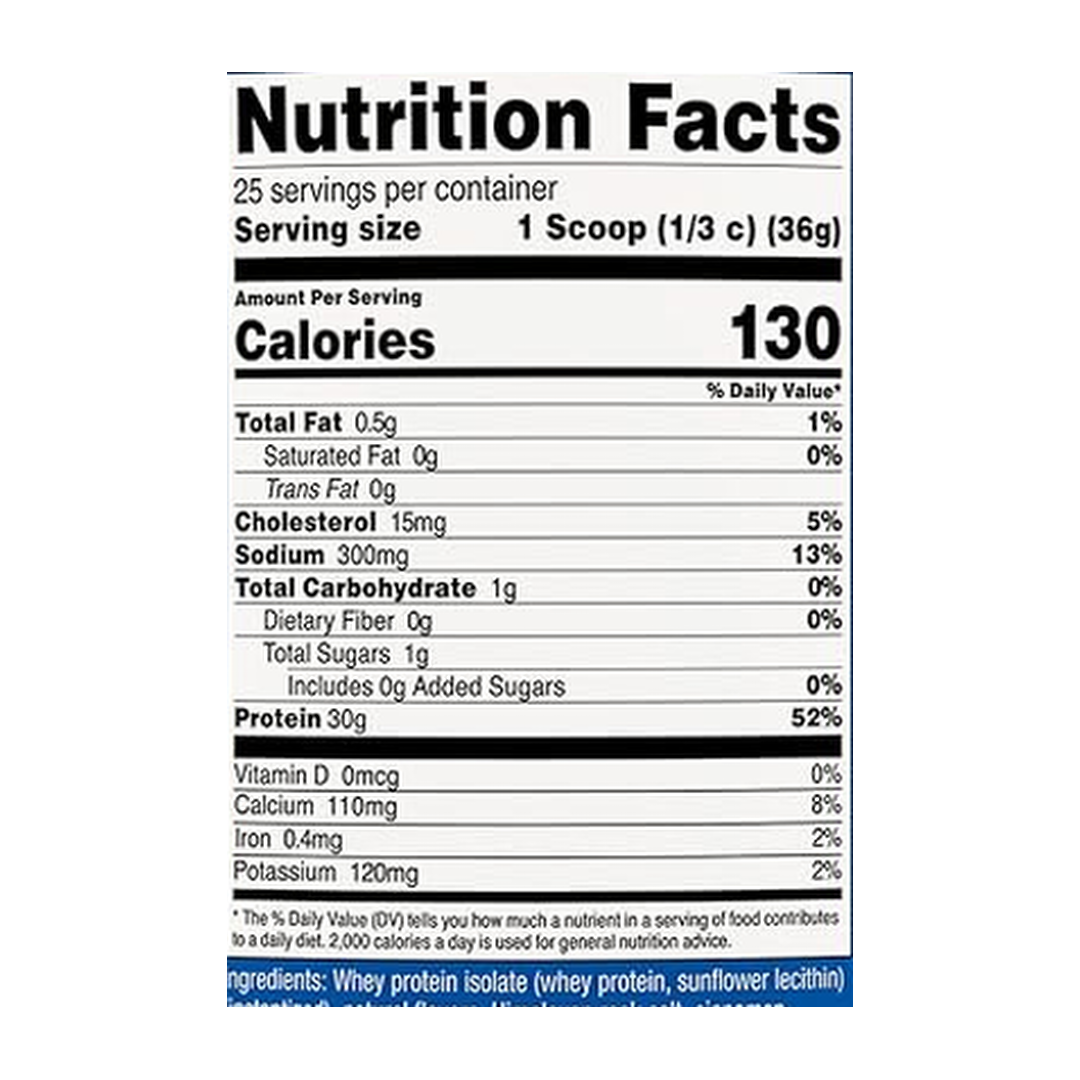 Nutricost, Whey Protein Isolate, Churro Flavored, 2 lb, 907 g supplement facts label showing ingredients, vitamins, minerals, and serving information