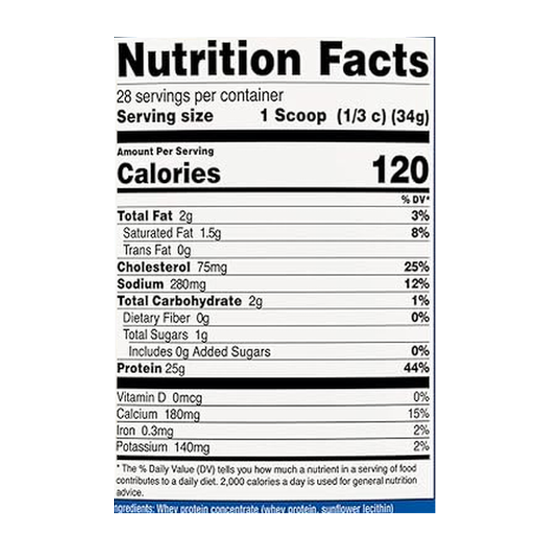 Nutricost, Whey Protein Concentrate, Churro Flavored, 2 lb supplement facts label showing ingredients, vitamins, minerals, and serving information
