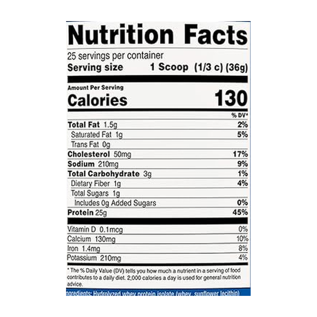 Nutricost, Hydrolyzed Whey Protein, Chocolate, 2 lb supplement facts label showing ingredients, vitamins, minerals, and serving information