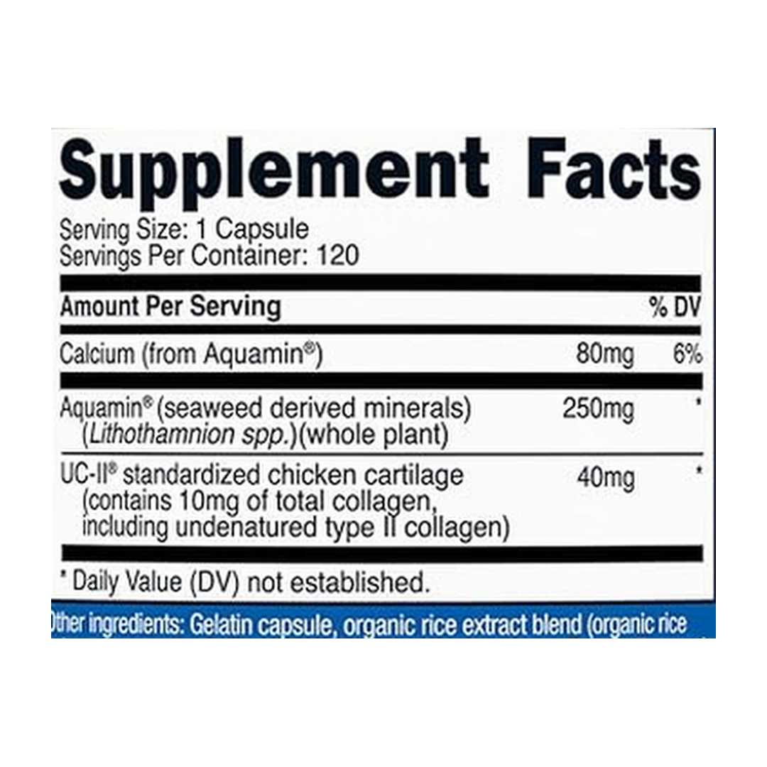 Nutricost, UC-II Collagen, 40 mg, 120 Capsules supplement facts label showing ingredients, vitamins, minerals, and serving information