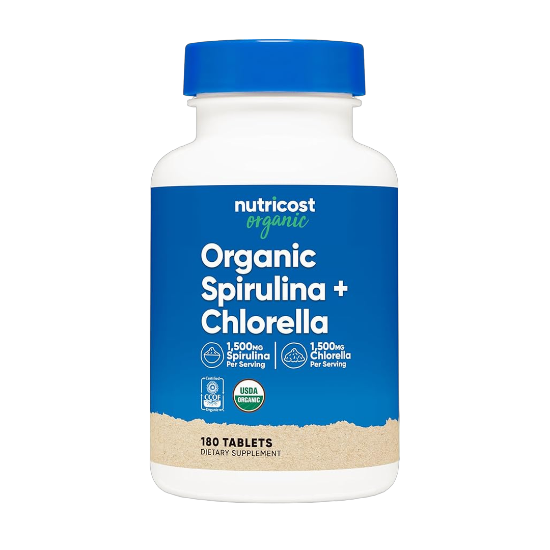 Nutricost Organic Spirulina + Chlorella (3,000mg) 180 Tablets front packaging view