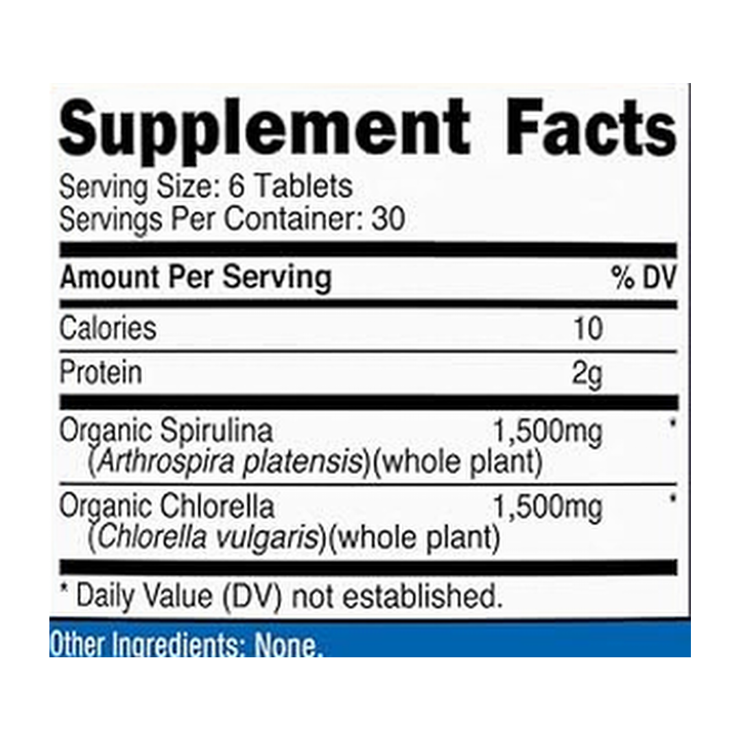 Nutricost Organic Spirulina + Chlorella (3,000mg) 180 Tablets supplement facts label showing ingredients, vitamins, minerals, and serving information
