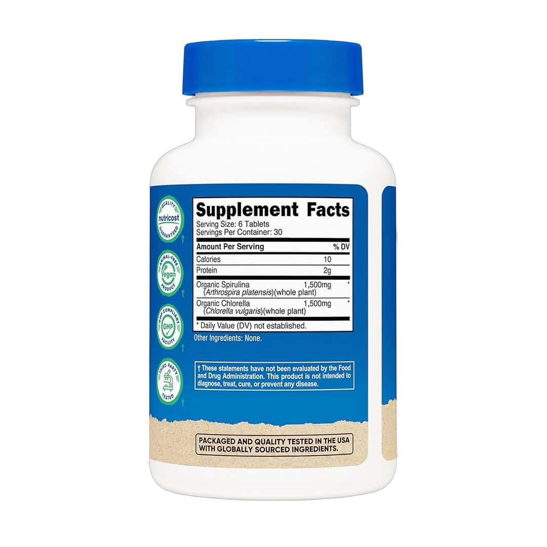 Nutricost Organic Spirulina + Chlorella (3,000mg) 180 Tablets back packaging view