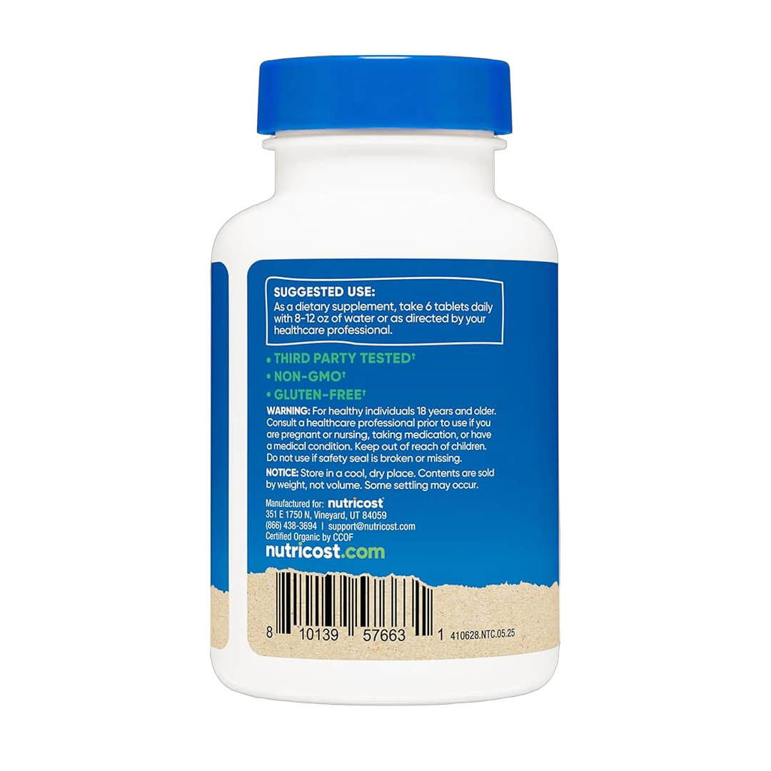 Nutricost Organic Spirulina + Chlorella (3,000mg) 180 Tablets packaging side view