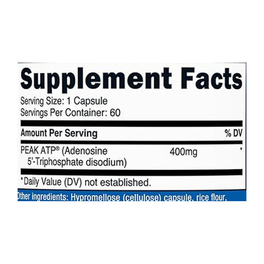 Nutricost, ATP, 400mg, 60 Capsules supplement facts label showing ingredients, vitamins, minerals, and serving information