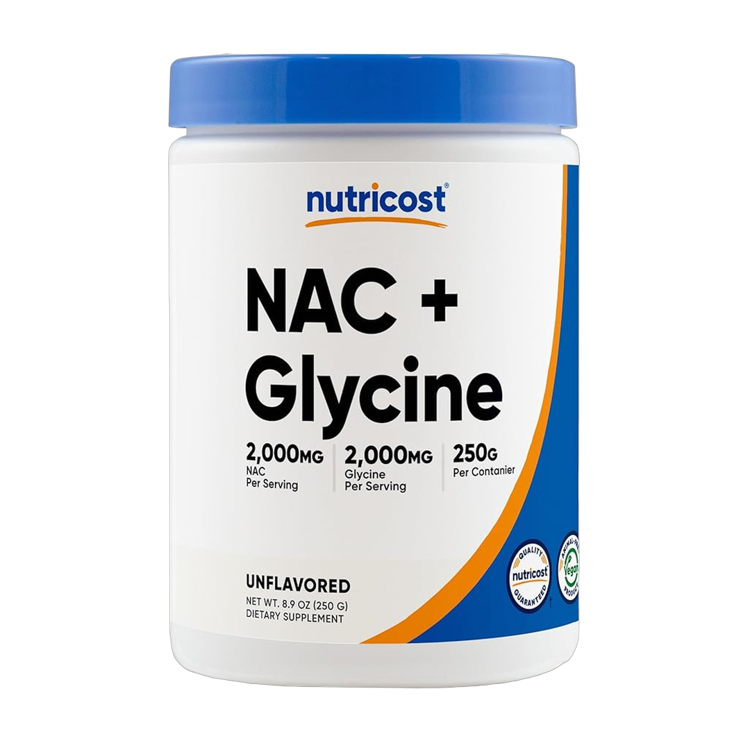 Nutricost, NAC + Glycine, 2,000 mg NAC, 2,000 mg Glycine, Unflavored, 8.9 oz, 250 g front packaging view