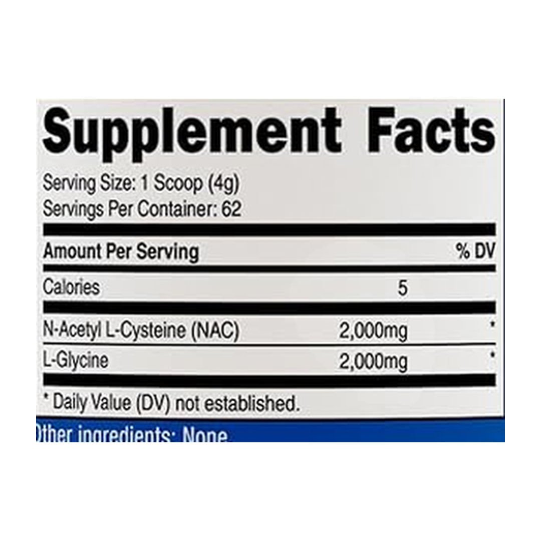 Nutricost, NAC + Glycine, 2,000 mg NAC, 2,000 mg Glycine, Unflavored, 8.9 oz, 250 g supplement facts label showing ingredients, vitamins, minerals, and serving information
