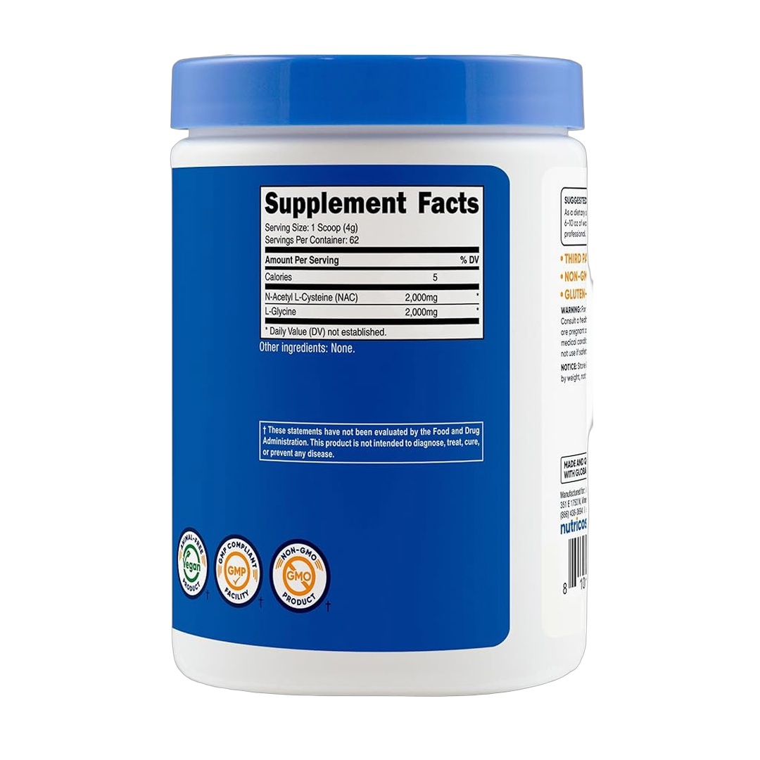 Nutricost, NAC + Glycine, 2,000 mg NAC, 2,000 mg Glycine, Unflavored, 8.9 oz, 250 g back packaging view