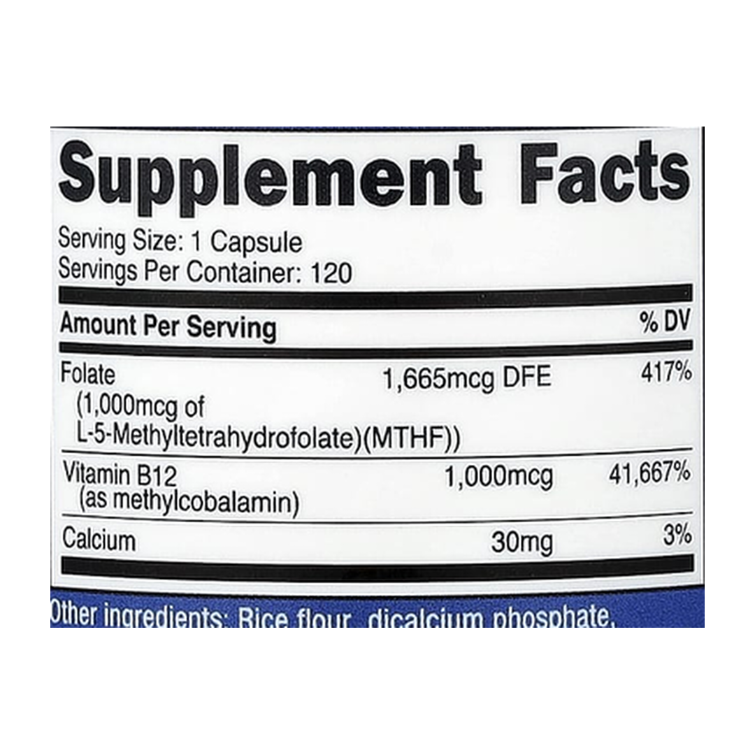 Nutricost, Methylated Vitamin B12 + Folate, 120 Capsules supplement facts label showing ingredients, vitamins, minerals, and serving information