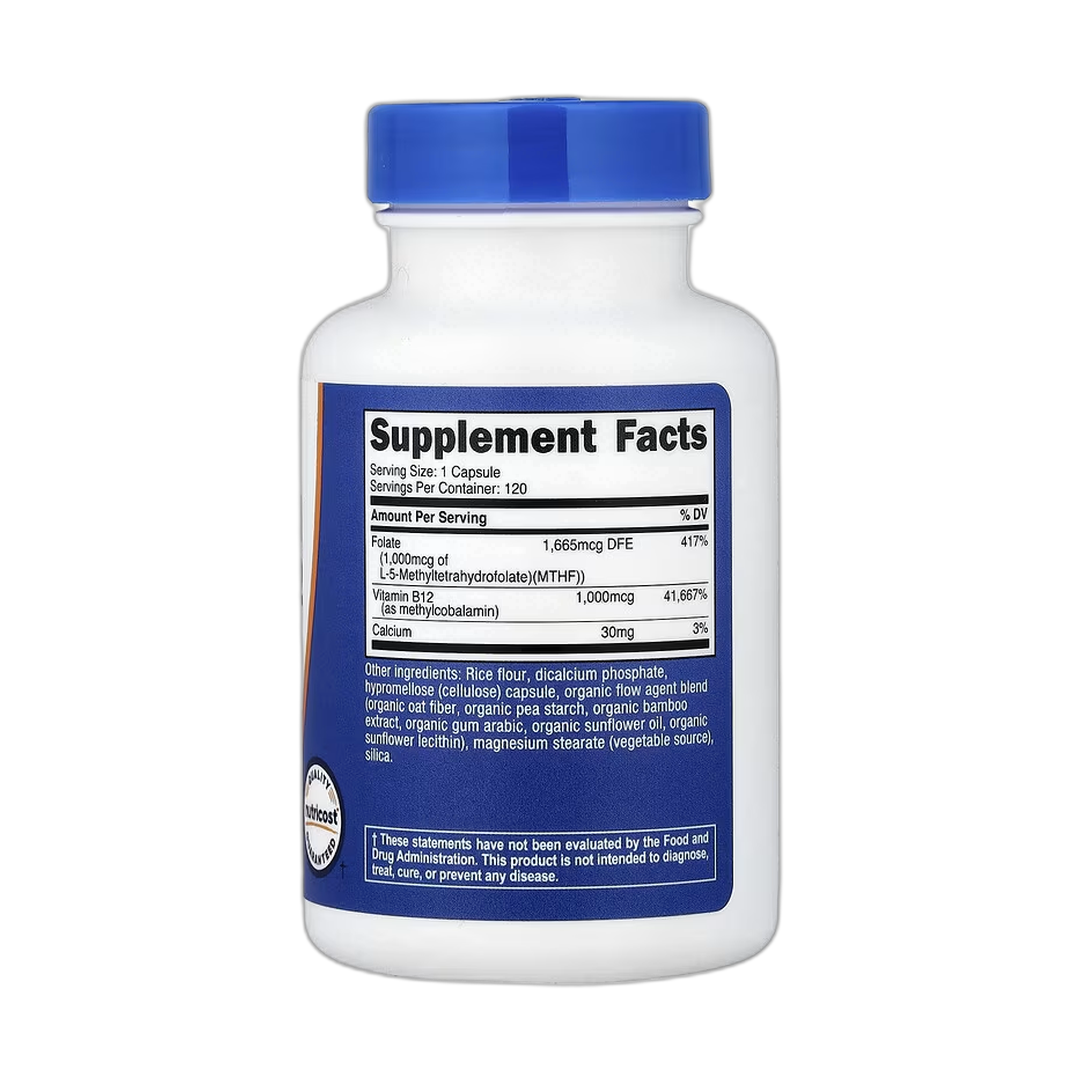 Nutricost, Methylated Vitamin B12 + Folate, 120 Capsules back packaging view