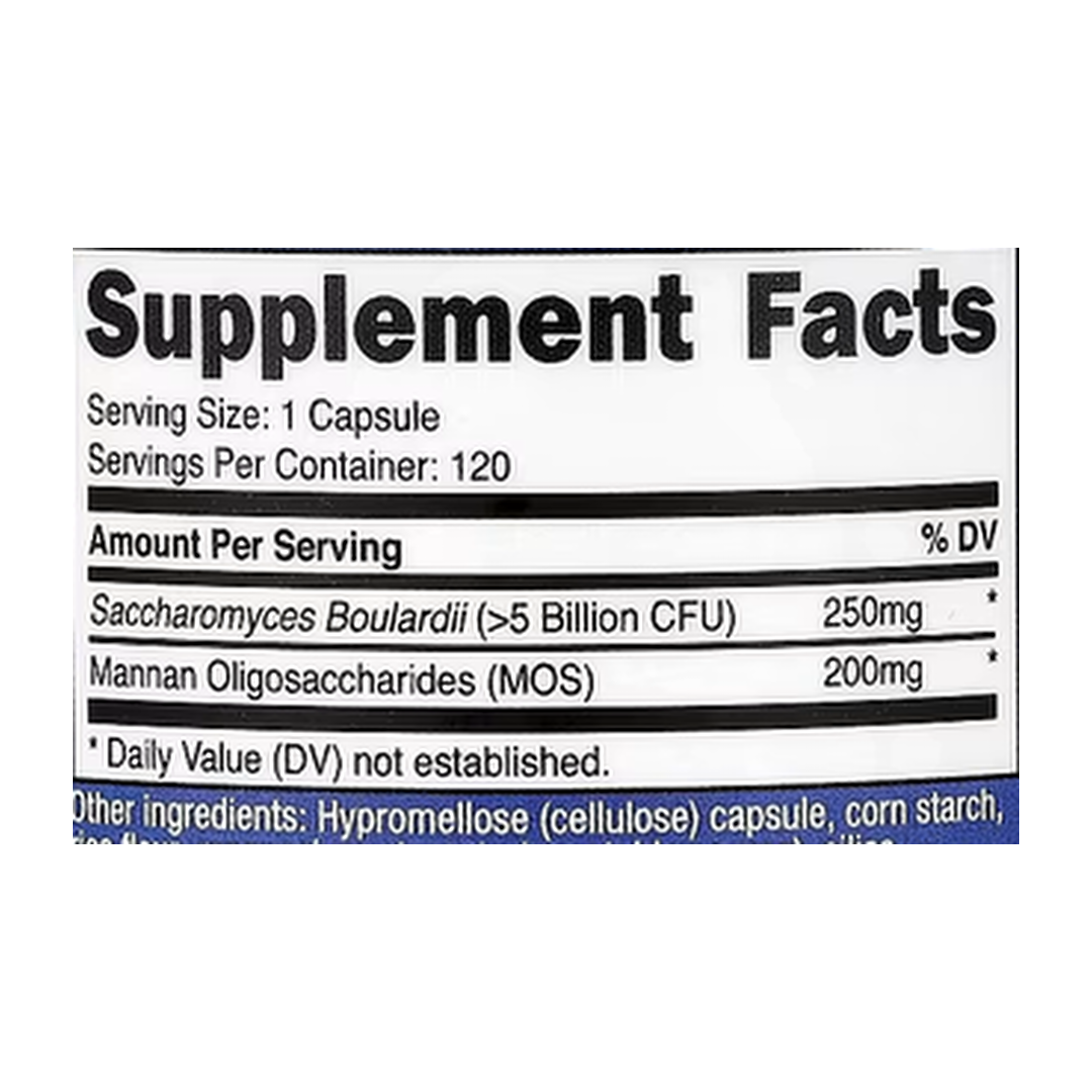 Nutricost, Saccharomyces Boulardii + MOS, 120 Capsules supplement facts label showing ingredients, vitamins, minerals, and serving information