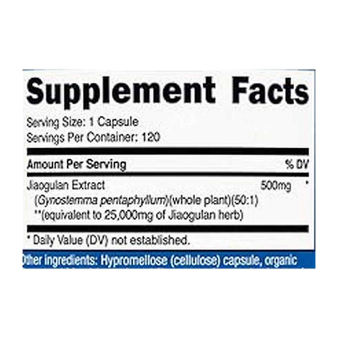 Nutricost, Jiaogulan Extract, 25,000mg, 120 Capsules supplement facts label showing ingredients, vitamins, minerals, and serving information