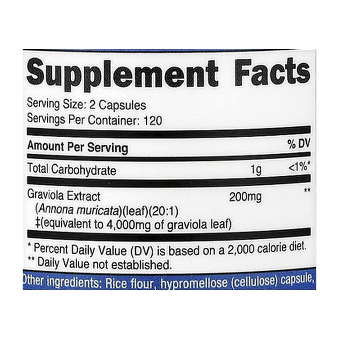 Nutricost, Graviola, 240 Capsules supplement facts label showing ingredients, vitamins, minerals, and serving information