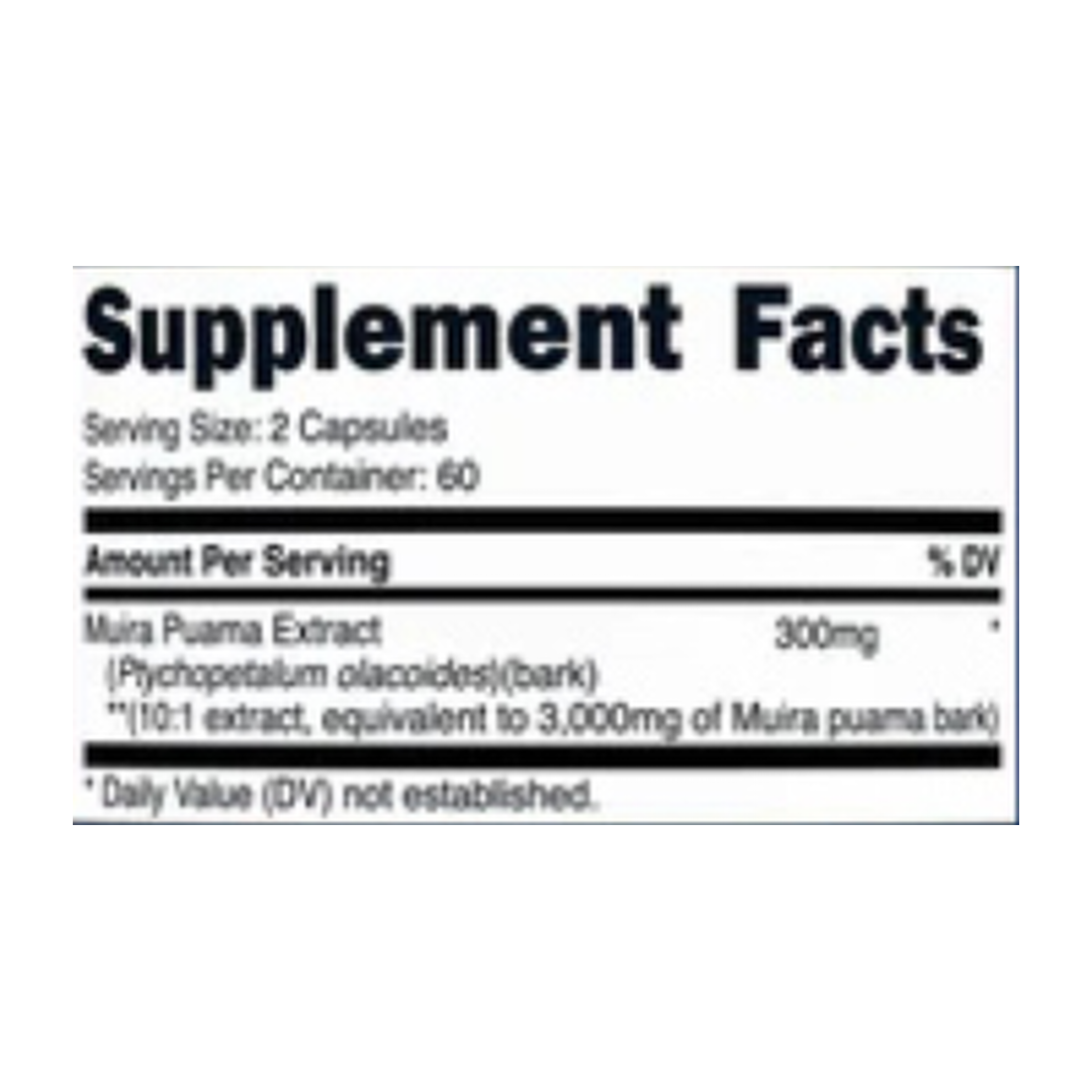 Nutricost, Muira Puama, 3,000, mg, 120 Capsules supplement facts label showing ingredients, vitamins, minerals, and serving information