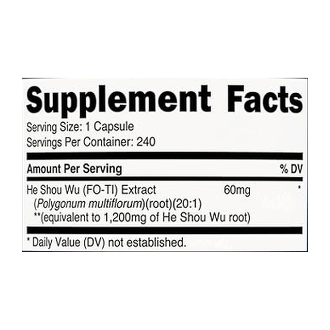 Nutricost He Shou Wu Root Supplement 1,200mg 240 Capsules supplement facts label showing ingredients, vitamins, minerals, and serving information