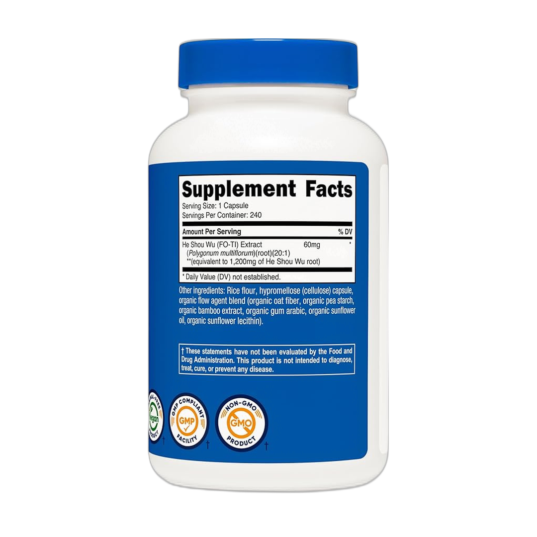 Nutricost He Shou Wu Root Supplement 1,200mg 240 Capsules back packaging view