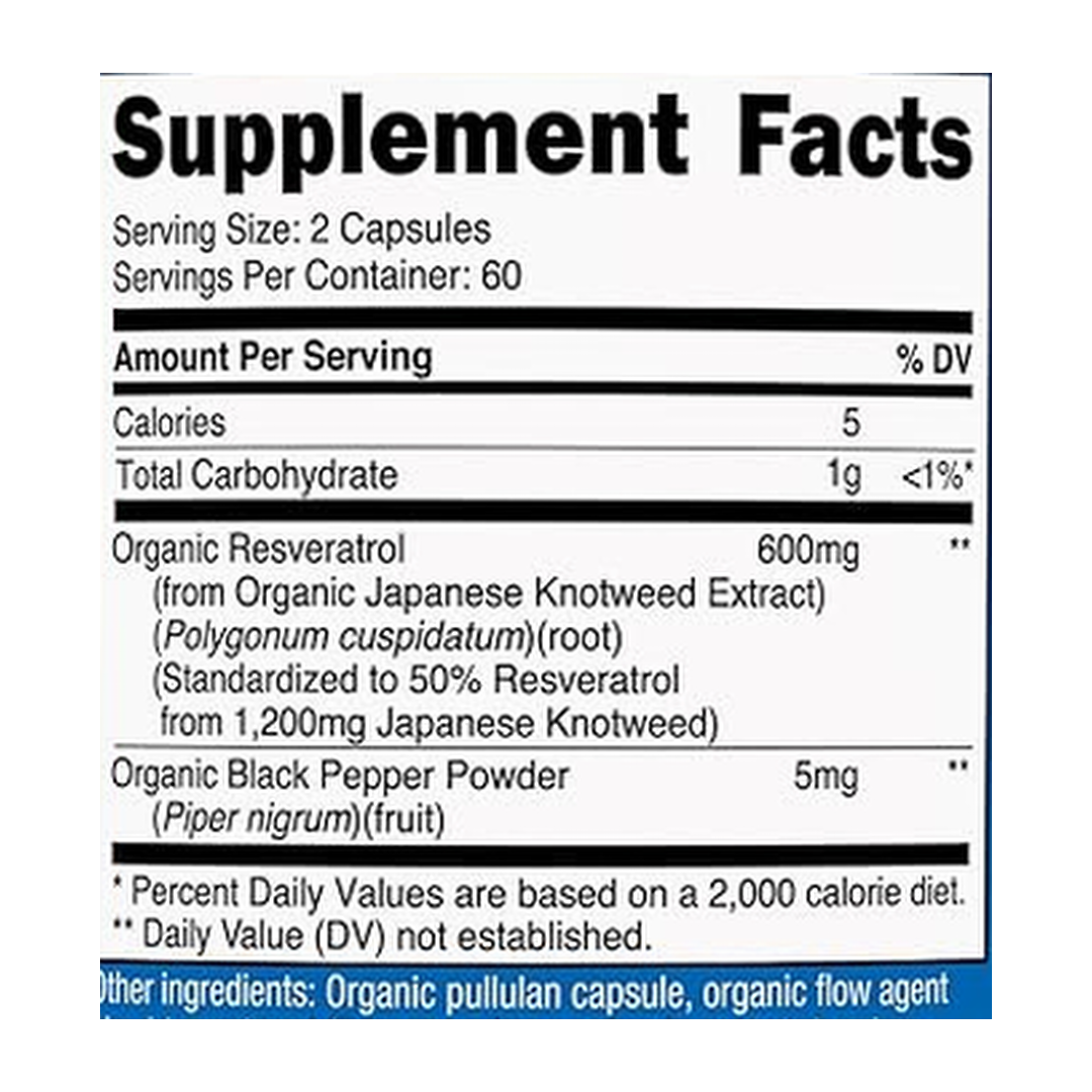 Nutricost, Organic Resveratrol, 600 mg, 120 Capsules supplement facts label showing ingredients, vitamins, minerals, and serving information