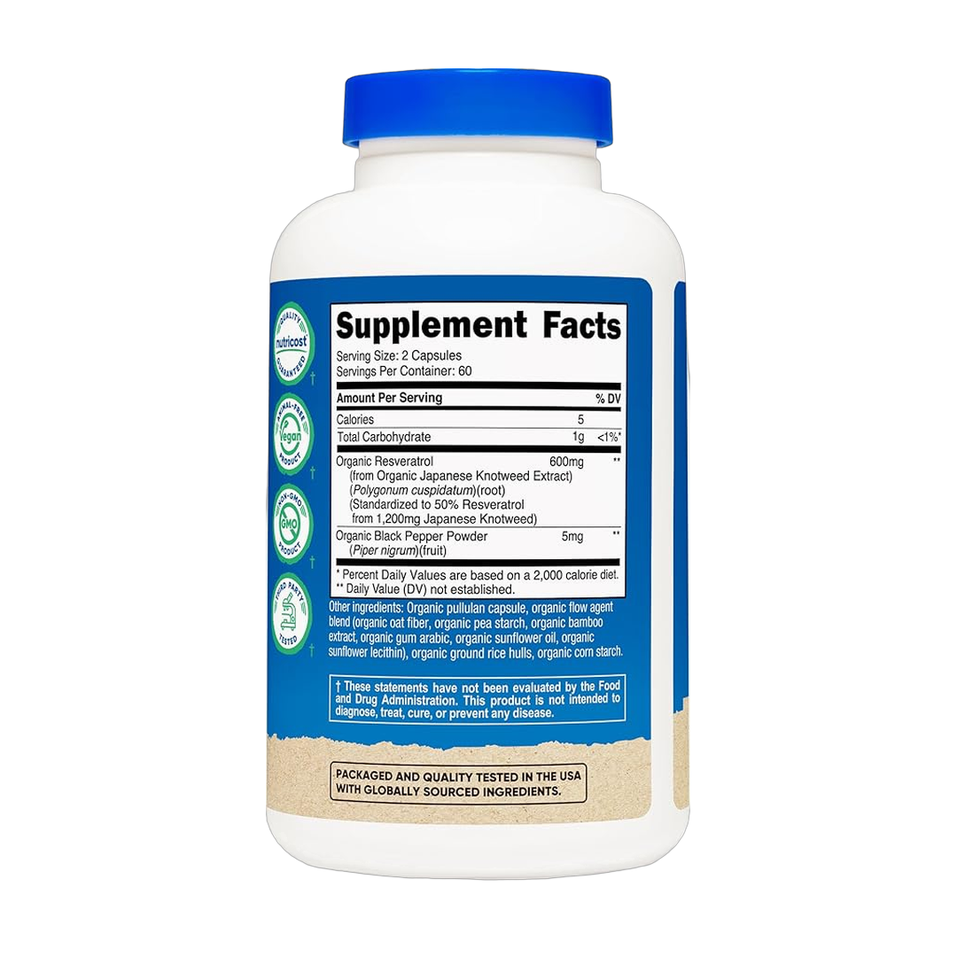 Nutricost, Organic Resveratrol, 600 mg, 120 Capsules back packaging view