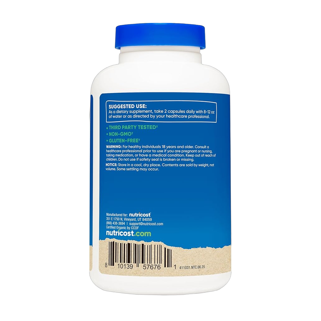 Nutricost, Organic Resveratrol, 600 mg, 120 Capsules packaging side view