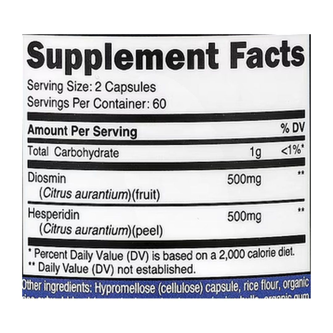 Nutricost, Diosmin With Hesperidin, 120 Capsules supplement facts label showing ingredients, vitamins, minerals, and serving information