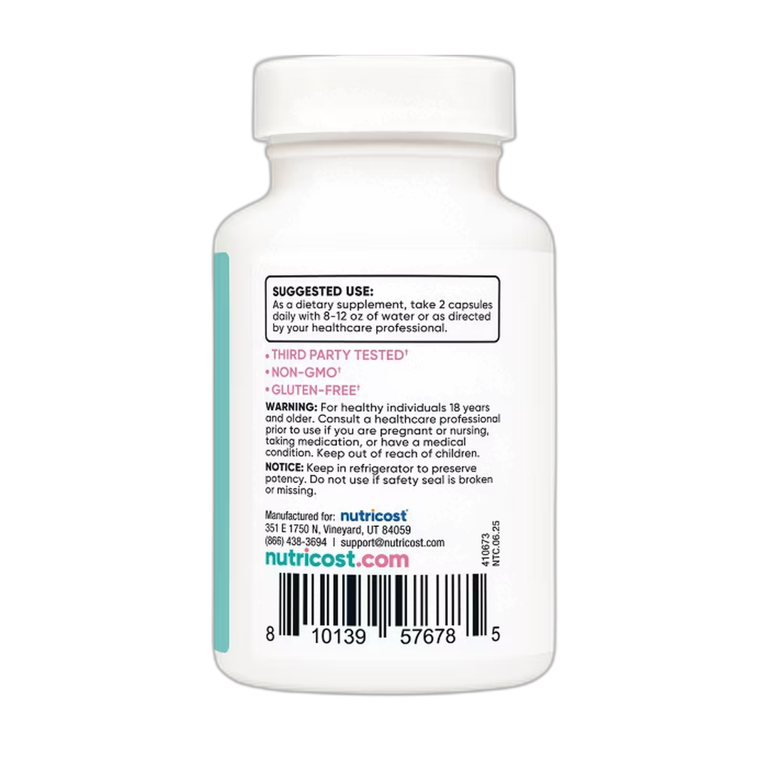 Nutricost, Vaginal Probiotic for Women, 10 Billion CFU, 60 Capsules packaging side view