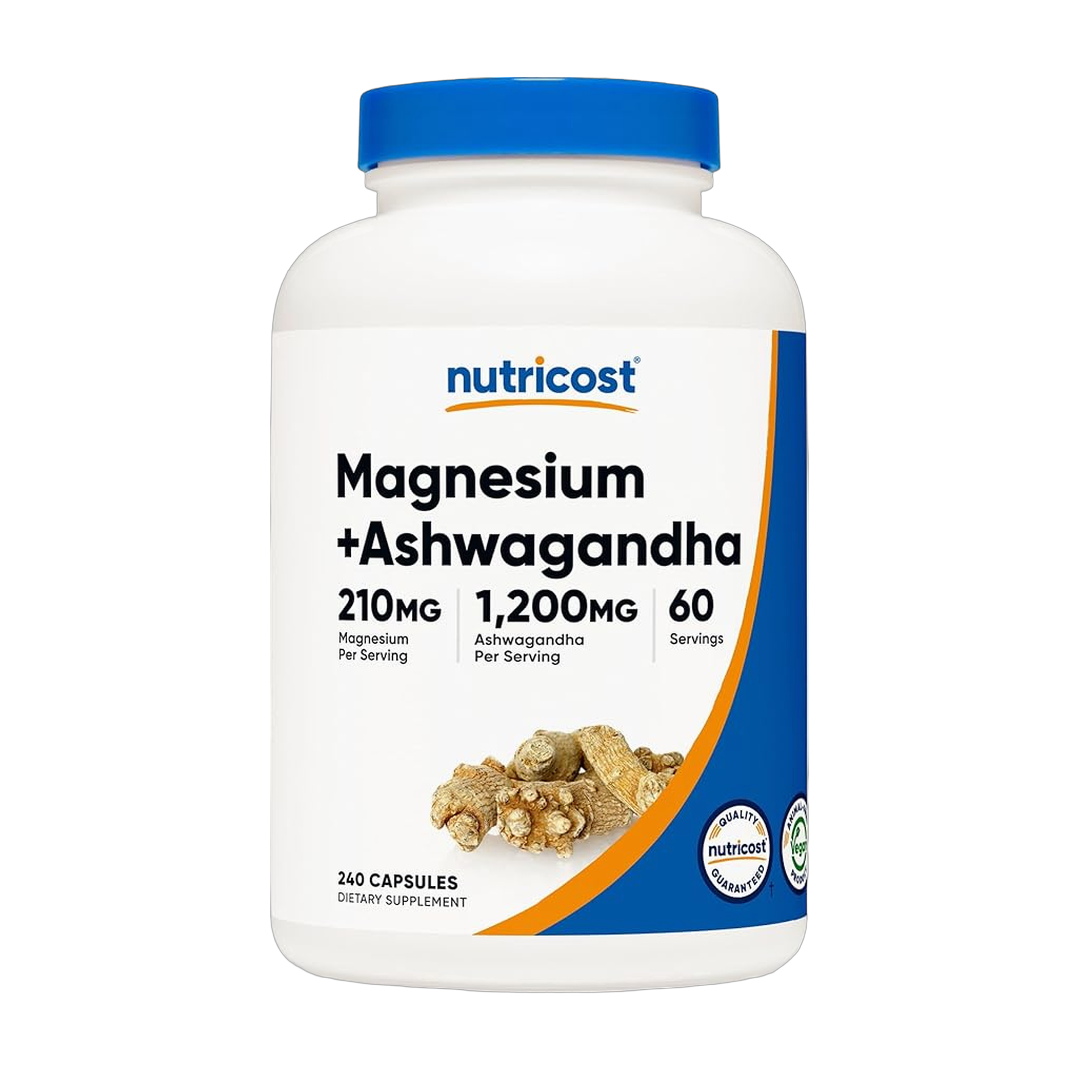 Nutricost, Magnesium + Ashwagandha, 1410m g, 240 Capsules front packaging view