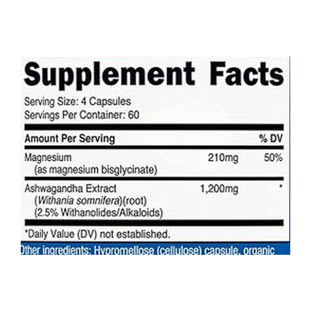 Nutricost, Magnesium + Ashwagandha, 1410m g, 240 Capsules supplement facts label showing ingredients, vitamins, minerals, and serving information