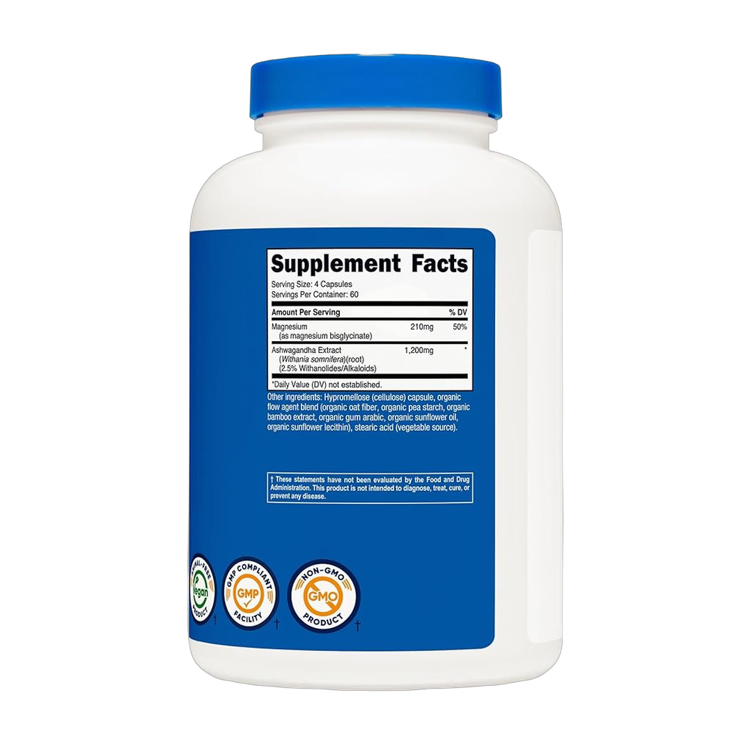 Nutricost, Magnesium + Ashwagandha, 1410m g, 240 Capsules back packaging view